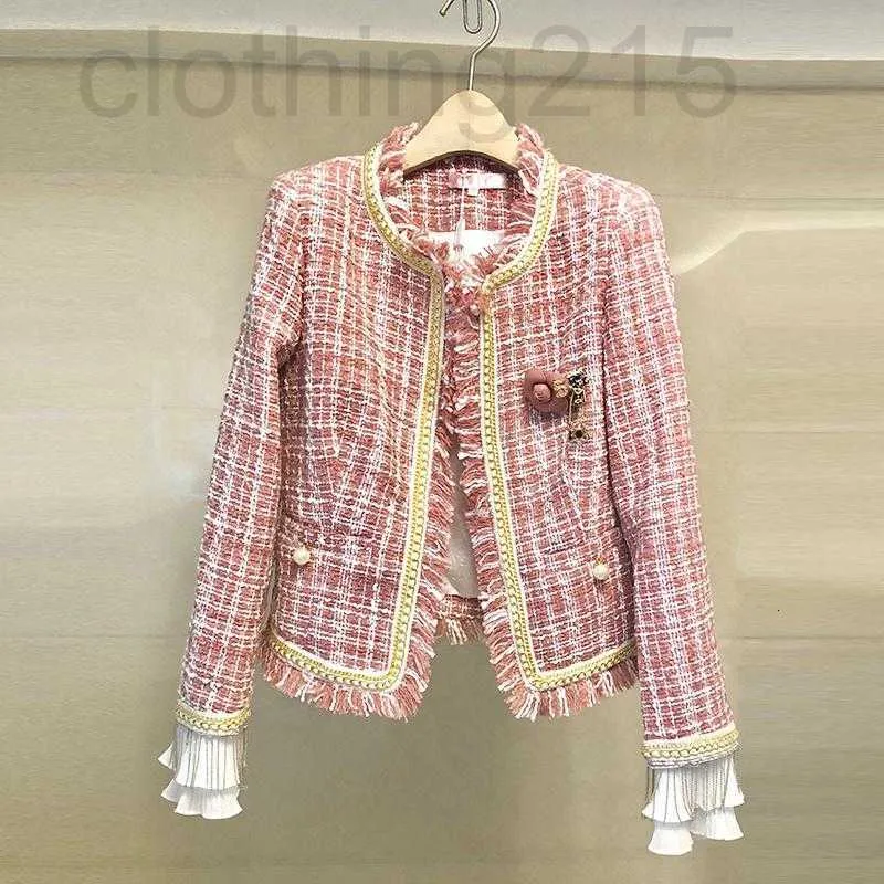 Jackets feminino Designer de alta qualidade Mulheres xadrez rosa Tweed Tweed sobretudo 2022 Spring Tassel Beading Sleeve Jacket Jacket Fashion Runway Coats 4zzj