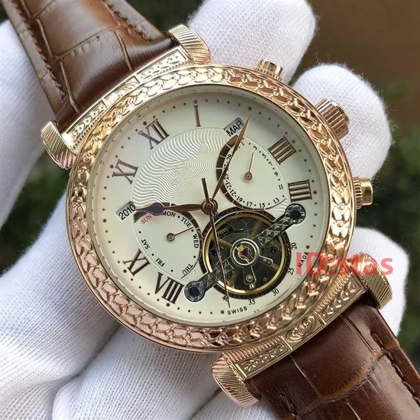 Luksusowe damskie moda skórzana męska pp Sky Moon Tourbillon Designer Men Grawering Case Na rękę Automatyczne zegarki Watch252t