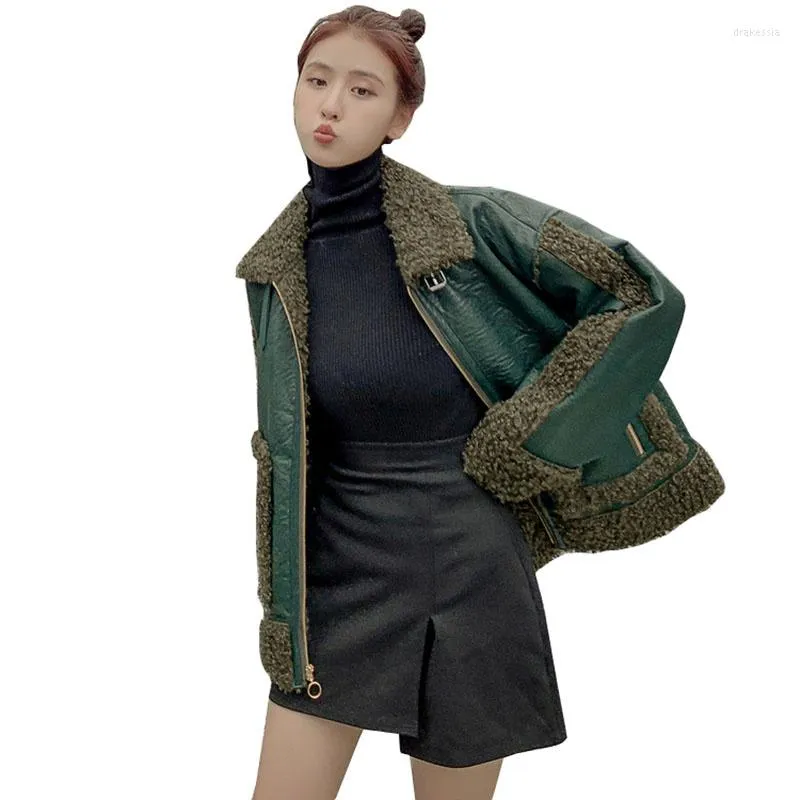 Women's Leather Lamb Wool Thick Warm Overcoat Elegant Women 2023 Winter PU Jacket Female Casual Loose Fur One Coat OK1344