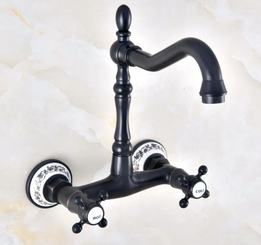 Bathroom Sink Faucets Black Oil Rubbed Antique Brass Kitchen Basin Faucet Mixer Tap Swivel Spout Wall Mounted Dual Cross Handles Mnf462