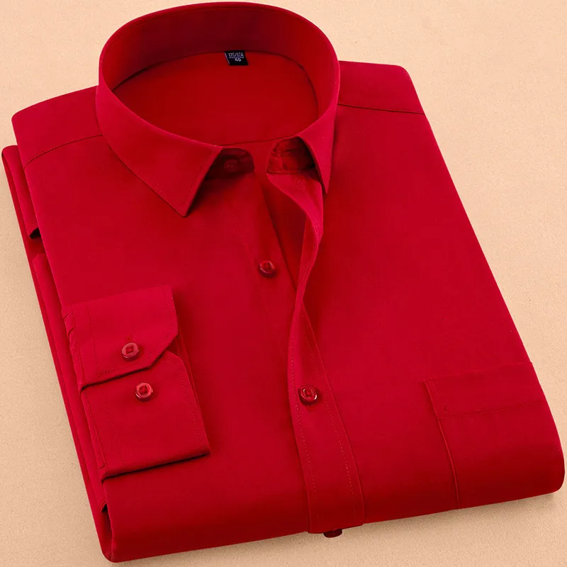 Chemises habillées pour hommes Automne Hommes Chemise à manches longues Casual Pure Color Business Rouge Col montant Homme Vêtements Camisa Masculina Social 230216