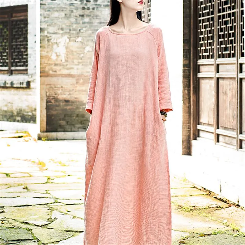 Plus -maatjurken Spring Elegant Long Maxi Autunm Loose Casual Sleeve katoenen linnen jurk Boheemse vestido vrouwelijke rob