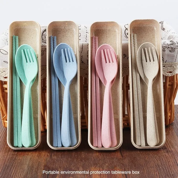 Flatware sets draagbare milieuvriendelijke tarwebekleding bestek reizen kinderen