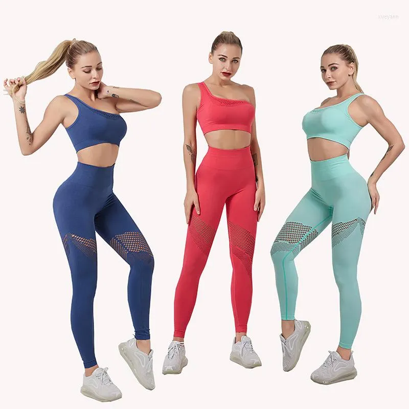 Aktive Sets Nahtlose Frauen Yoga Anzug Eine Schulter Bh Hohe Taille Leggings Zwei Stücke Set Aushöhlen Solide Sport Tragen fitness Gym Sportswear