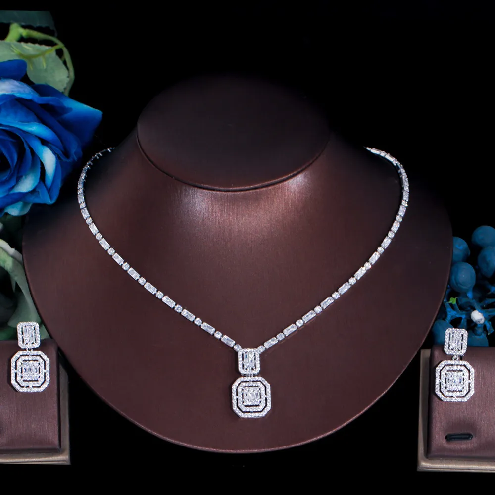 Bruiloft sieraden sets driegraces geometrische vierkante oorbellen ketting glanzende kubieke zirkonia kristallen mode set voor vrouwen feestgeschenk tz651 230215