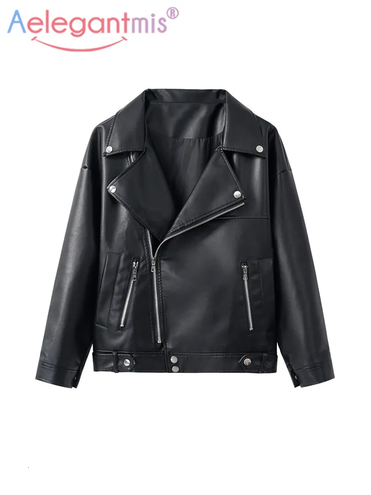 여성 가죽 가짜 가죽 Aelegantmis Looke Pu Faux Leather Jacket 여자 클래식 모토 바이커 재킷 가을 겨울 레이디 기본 코트 Y2K 외부웨어 230216