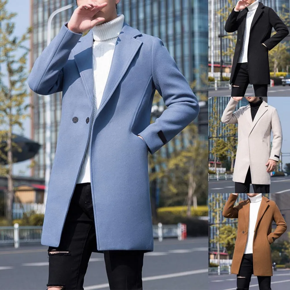 Męskie okopy płaszcze Mężczyźni pojedynczy przycisk Koreański styl jesienny zima gruba szczupła wietrzna odzież plus rozmiar 230216