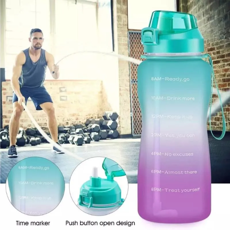 Wasserflasche QuiFit 2,2 l 64 oz motivierend mit Zeitmarkierung Flip-Flop BPA-frei tragbarer Sport-Telefonständer