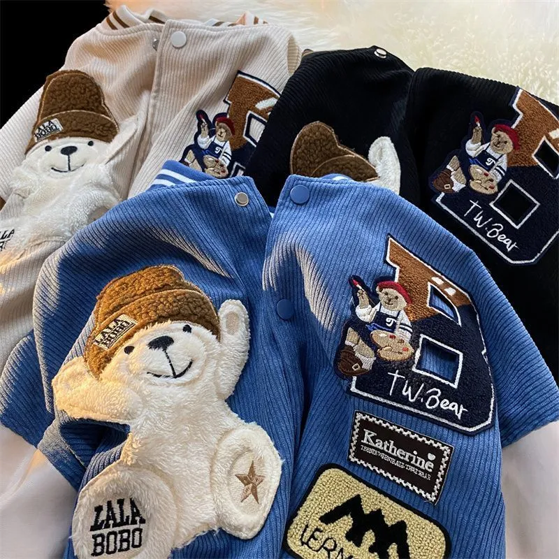 Women's Jackets Y2K Flocked Embroidery Baseball for Men and Women Autumn Winter Corduroy Harajuku Little Bear Sports Top 230216