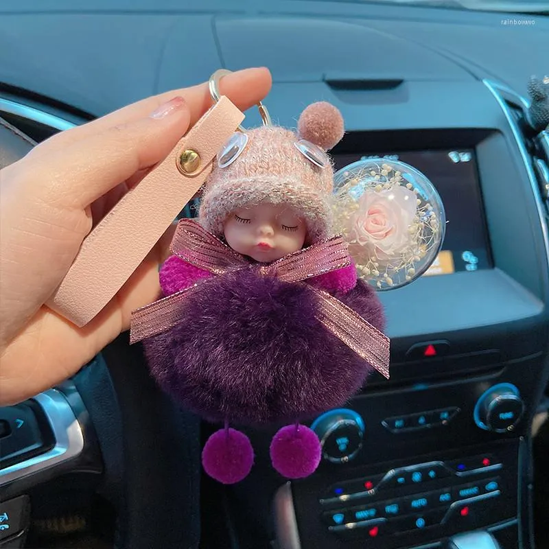 Keychains Cute Fluffy Sleeping Doll Pom Poms Keychain Girl Plush Eternal Life Flower Bag Charm Car