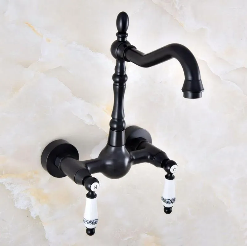 Bathroom Sink Faucets Black Oil Rubbed Bronze Kitchen Faucet Mixer Tap Swivel Spout Wall Mounted Two Handles Mnf861