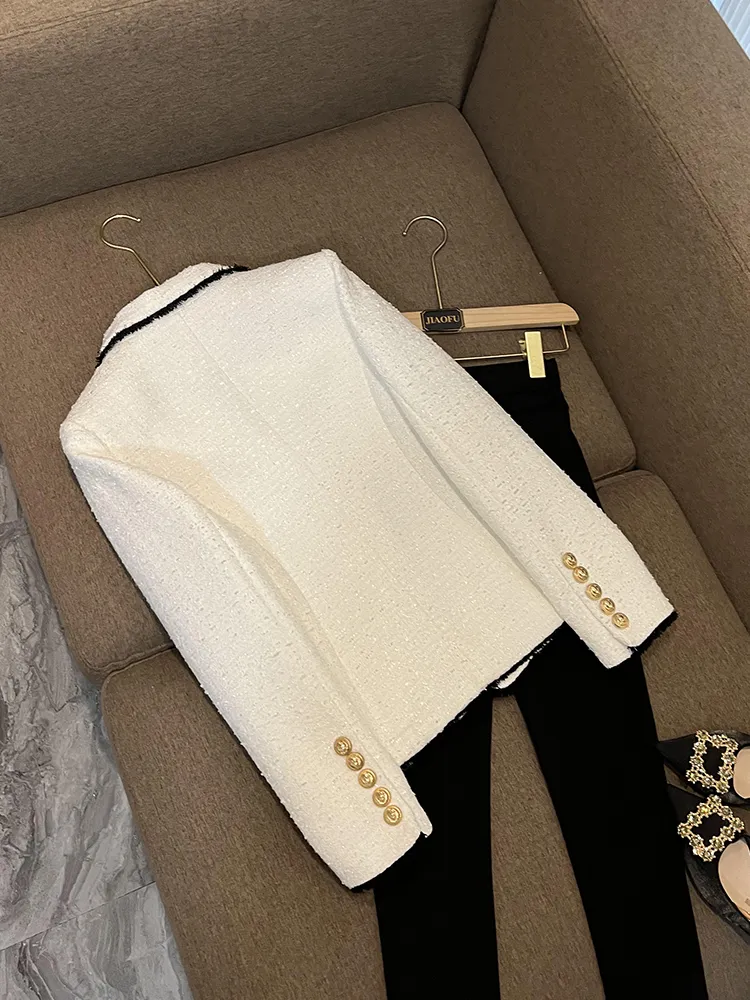 2023 Spring Contrast Trim Tweed Blazers White Contrast Color Long Sleeve Notched-Lapel Fringe Panelled Double-Breasted Outwear Coats O3F152332