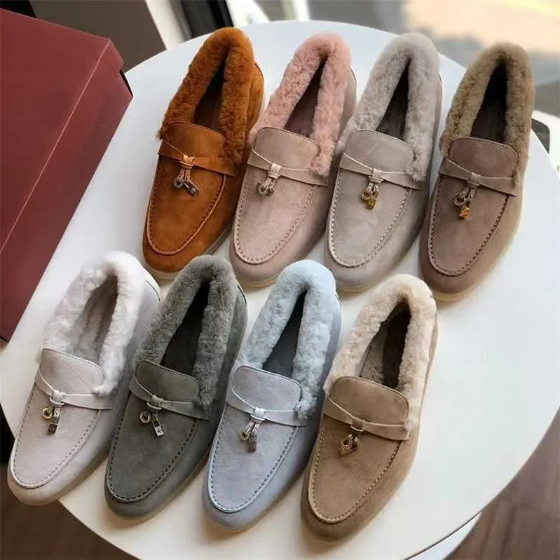 Designer loropiana charms skor ren original lp kvinnor skor high-end platta loafer skor får mocka plyschskor kanin hår varma bomullskor kvinnor