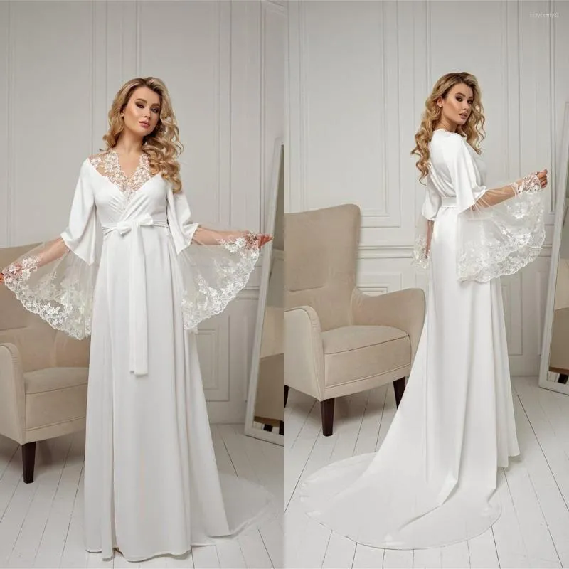 Bridesmaid Dress Sexy Women Night Robe V-neck Long-Sleeves Custom Made Satin Applique Race Bridal Sleepwear Party Dressing Gown