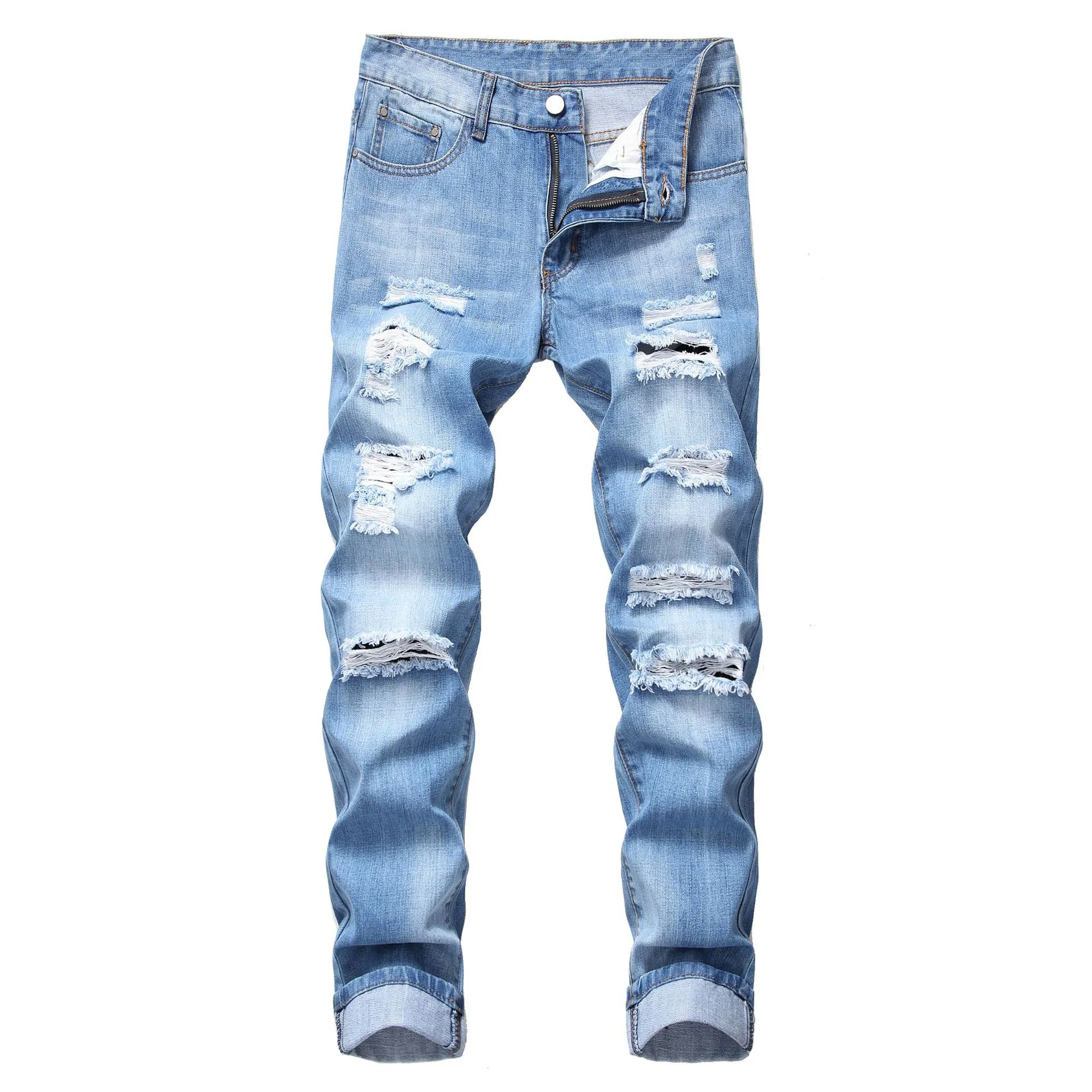 Mens Jeans Kne Hole Ripped Stretch Skinny Denim Pants Solid Color Black Blue Autumn Summer Hip-Hop Style Slim Fit Byxor S-4XL