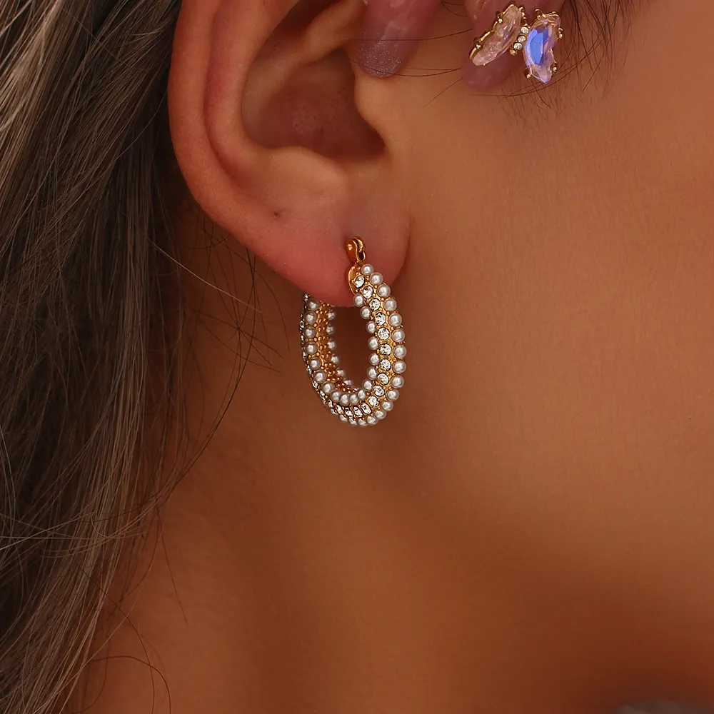 Hoop Huggie Trendy Perlenschmuck Damen Weihnachtsgeschenk Kristallgefüllte runde Ohrringe für Frauen Edelstahlohrring 230215