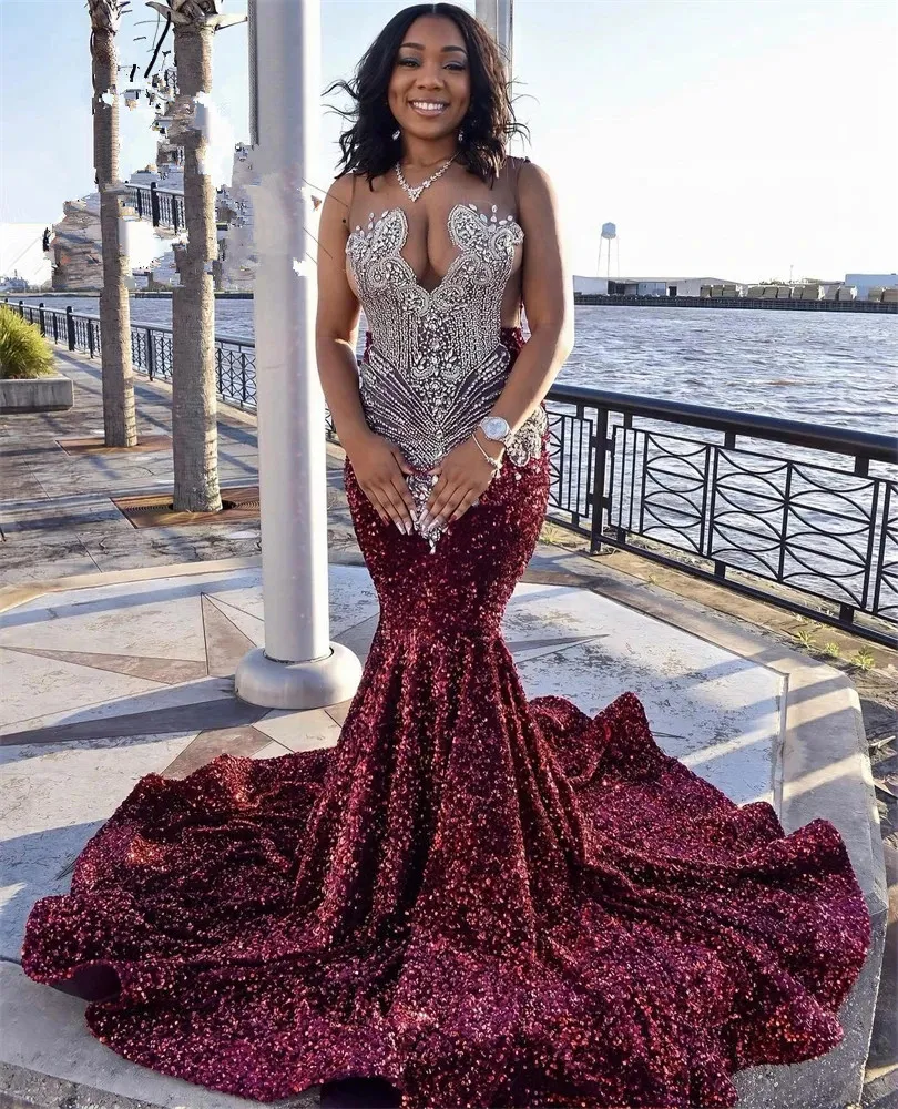 Burgundy V Neck Long Prom Dress For Black Girls 2023 aso ebi Beaded gillter Sequined Birthday Party evening Formal Gown