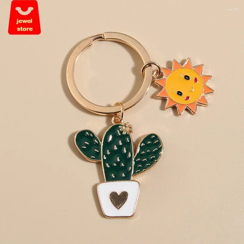 Porte-clés soleil Cactus fleur porte-clés mignon porte-clés en métal émail charmes bijoux à bricoler soi-même chaînes pour femmes sac décoration 1 pièce