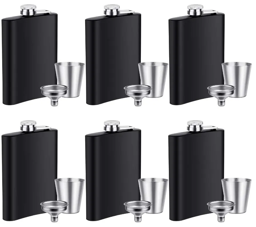 Elcoho 6 Sets 8 Ounce Stainless Steel Hip Flask Fluid-tight Flask Set with 6 Pieces Stainless Steel Shot Cups and Funnel By Express A0071