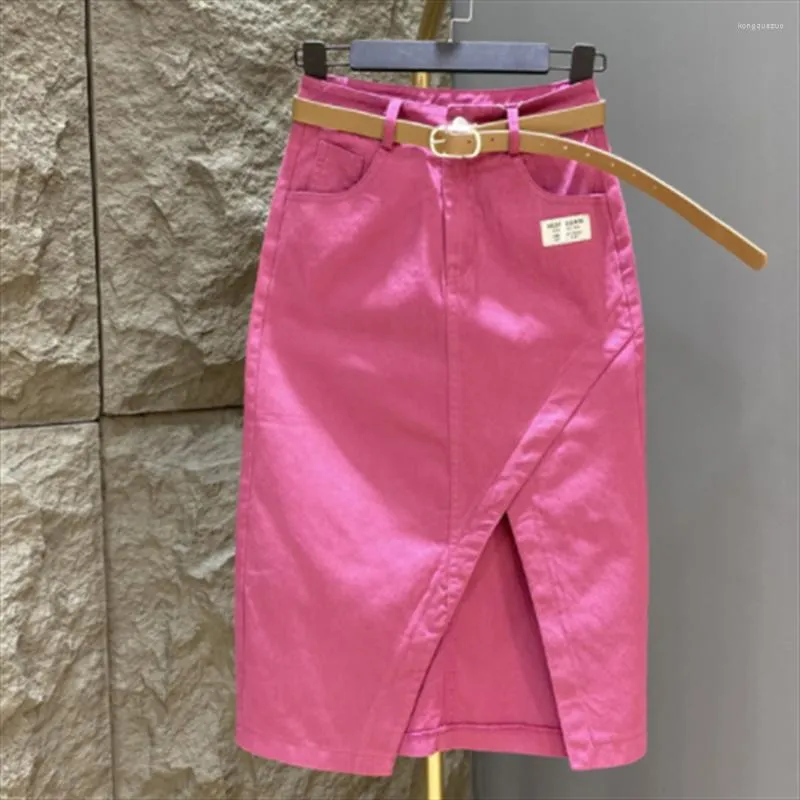 Skirts Rose Denim Skirt A-shaped Irregular Fork Stretch Belt Cotton Women
