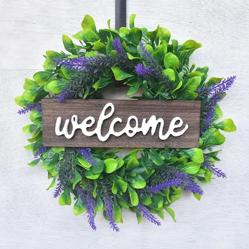 Decorative Flowers Lavender Wreath For Front Door Artificial Eucalyptus Garland Wooden Welcome Sign Floral Wedding Party Home