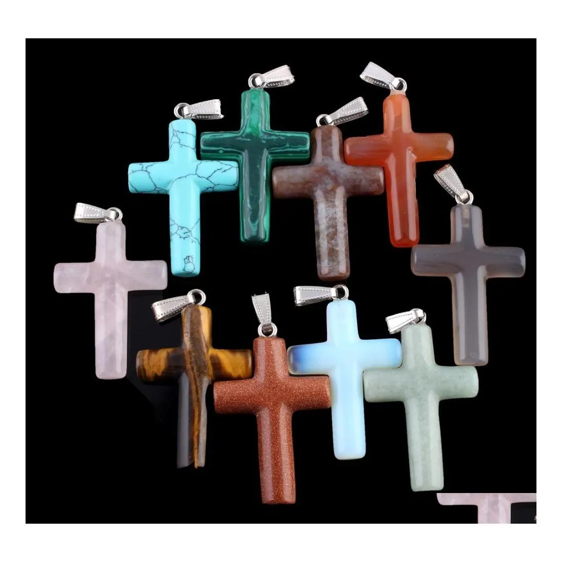 Charms 40x28mm Natural Crystal Stone Cross Pendants f￶r halsbandsmycken Making Drop Leverans Fyndkomponenter Dh9by