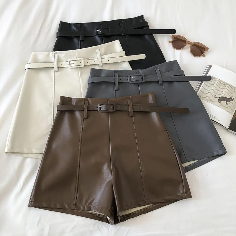 Women's Shorts 2023 Autumn Winter PU Women Casual High Waist Leather Ladies All Match Outweaer A Line Wide Leg With Belt