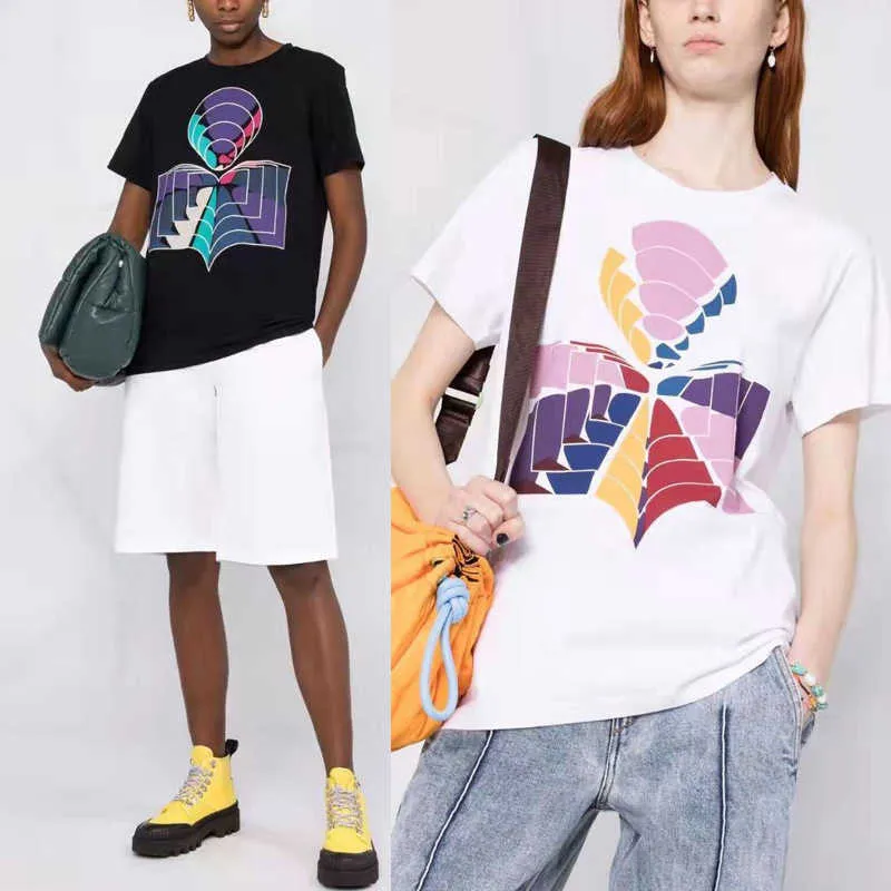 Isabel Marant Women Designer T Shirt Legal Style blokowanie kolorów i kontrastowe klasyczne kolorowe drukowane bawełniane okrągła szyja topy damskie koszulka krótkiego rękawu