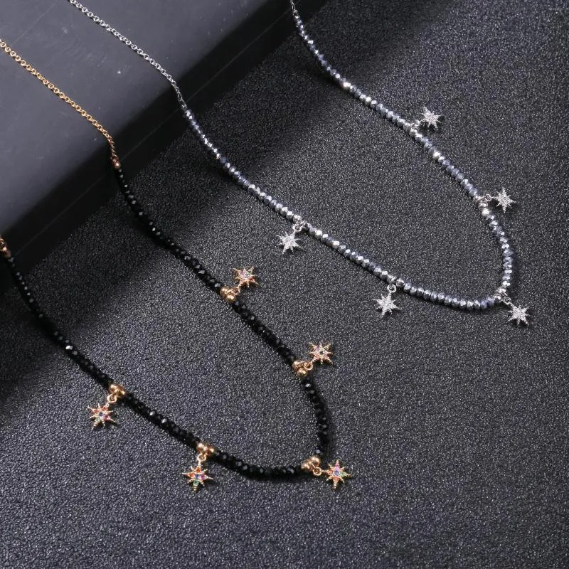 Girocollo Piccola stella brillante Collana con ciondoli per donna Ragazze Vintage Black Grey Beads Chain Jewelry Collare Mulheres 2023