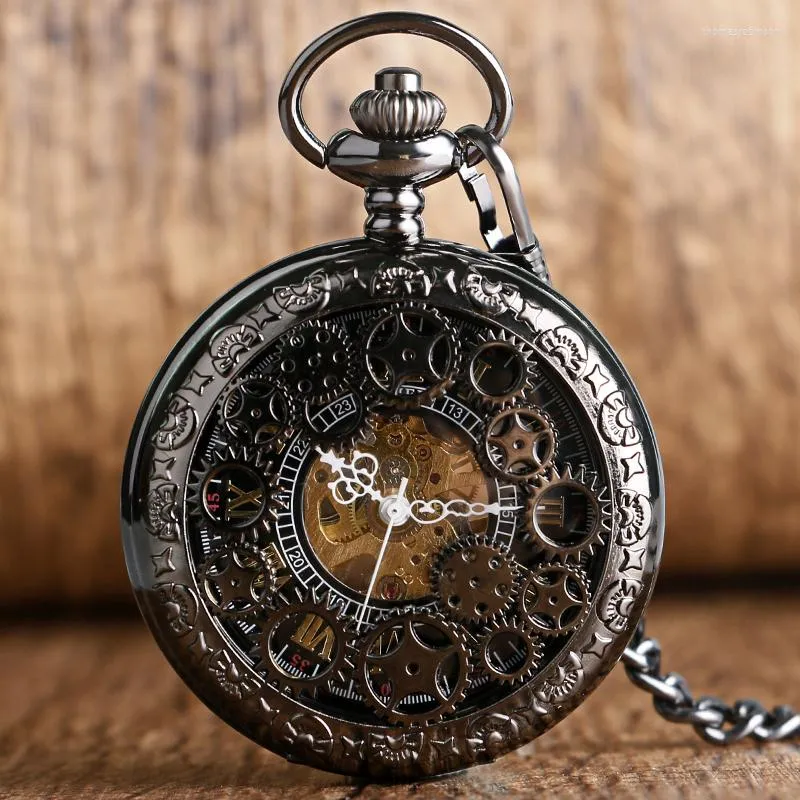 Pocket Watches PA010 Village Black Skeleton Hollow Mechanical Watch Hand Winding For Men Or Women