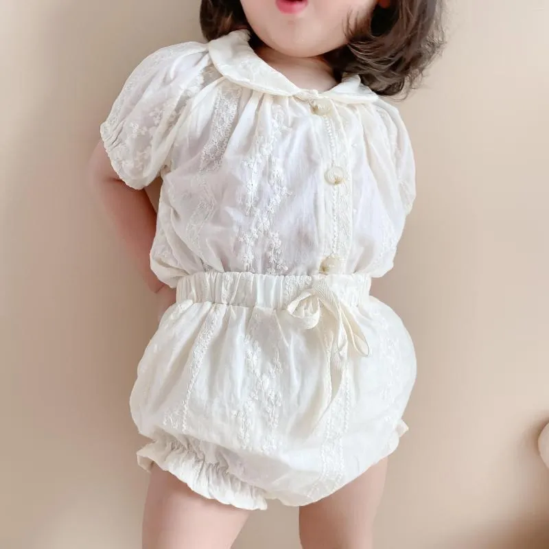 Kläderuppsättningar 2023 Summer Baby Girl Clothes Set Lace Brodery Shirts Shorts 2st Suit Smittbarn Kids Breattable Princess Outfits