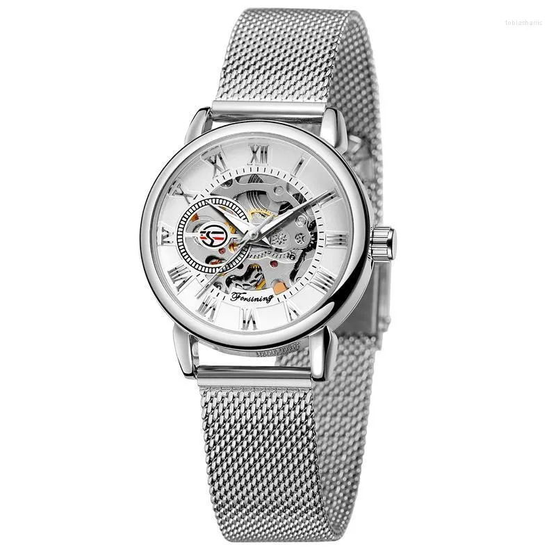 Armbandsur ForSining Ladies Watch 2023 Luxury Womens Skeleton Silver Armband Waterproof Mechanical Present for WomenWristwatches Armswatche