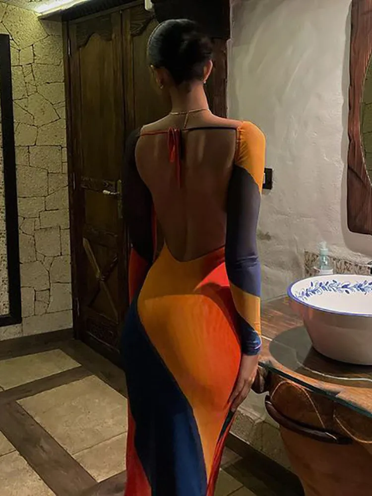 Sexy Backless Long Sleeve Backless Dress with Fashion Print - Perfect for Casual, Beach, Evening and Club Wear