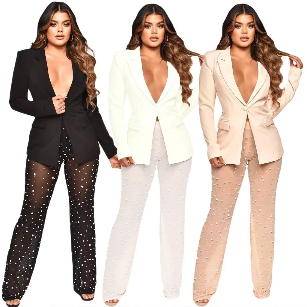 Kvinnors kostymer blazrar Två stycken Set Women Blazer Pearls Sheer See Through Mesh Pants Lång ärm Single Button Jacket Stock Tracksuitkläder för kvinnor 230216