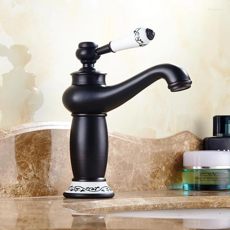 Bathroom Sink Faucets Black Oil Rubbed Brass Ceramic Base Deck Mounted Single Handle Vessel Basin Faucet Mixer Water Taps Mnf075