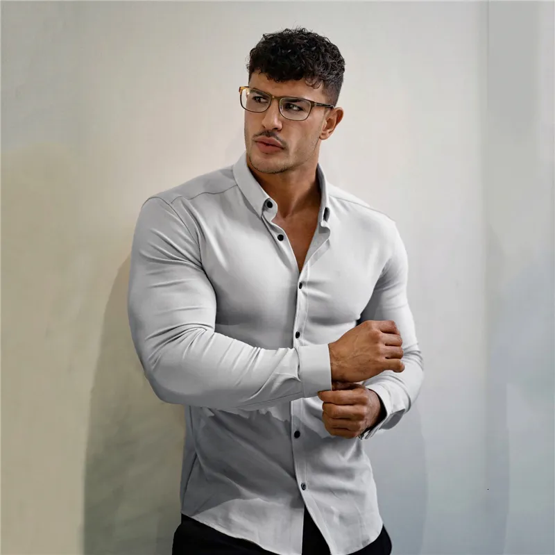 Camicie eleganti da uomo Manica lunga Super Slim Fit Plain Casual Primavera Autunno Inverno Alta qualità Colletto rovesciato Uomini d'affari 230216