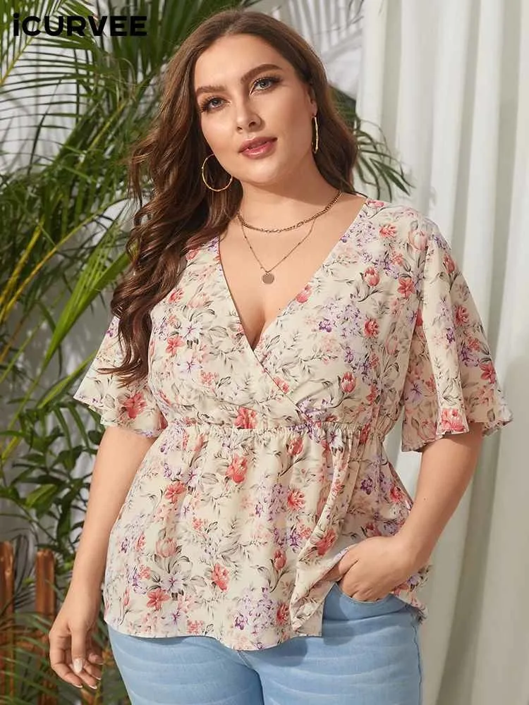 Camiseta de talla grande para mujer ICURVEE Tallas grandes 4XL Tops tipo túnica de verano para mujer Blusas bohemias con estampado floral y cuello en V sexys Camisa elegante de media manga 230216