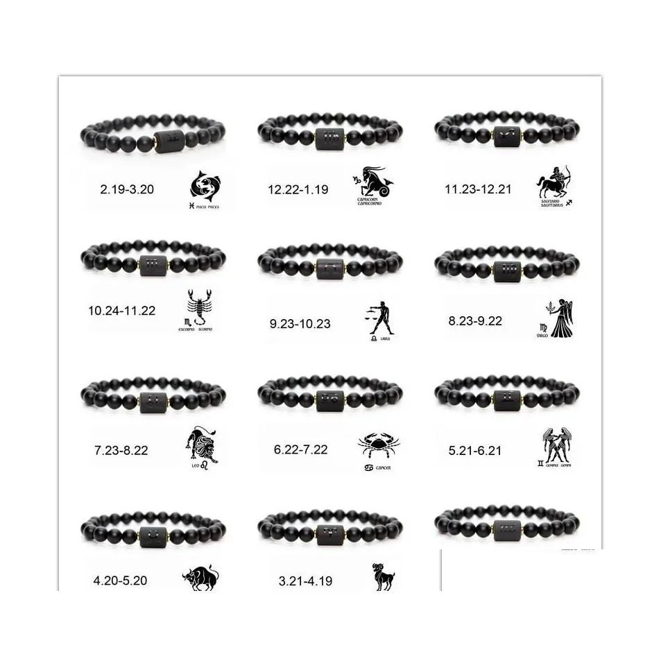 Perlenstränge 8 mm schwarze Steinperlen 12 Konstellation Paar Armband Männer Armbänder für Frauen Pseras Mascina Hombre Mann Herren Jude Se Dhjce