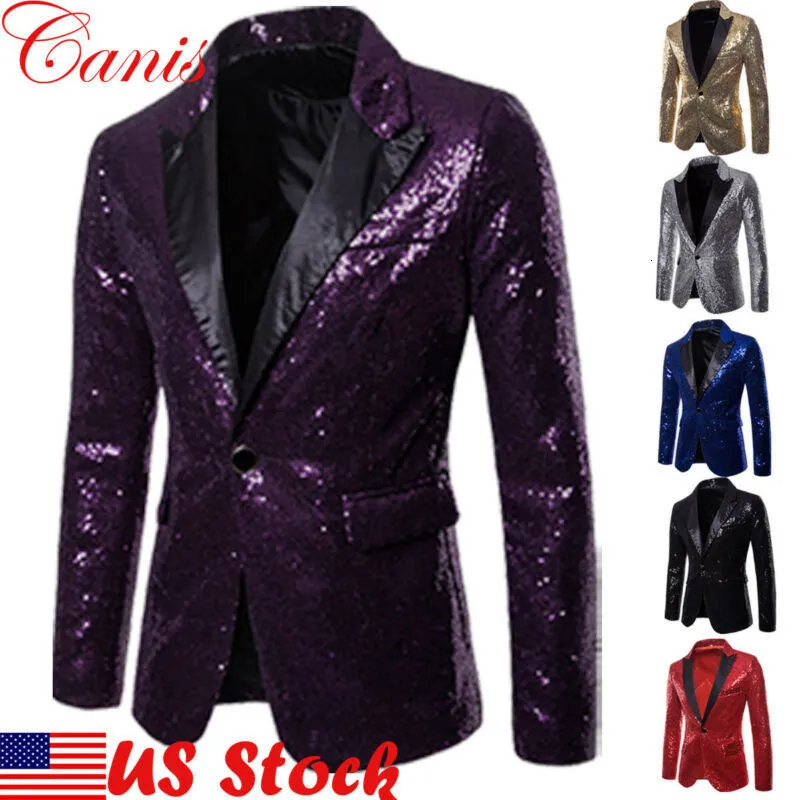 Męskie garnitury Blazers Men Slim Fit Form Farbin cekin płaszcz lśniąca kurtka One Button Tops Stage Performer Formal Host Suit Purple Gold Silver 230216