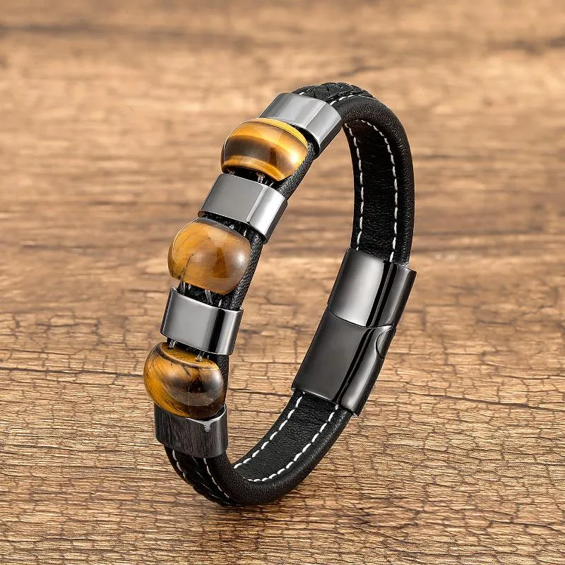 Charm Bracelets Fashion Leather Bracelet For Men Hand Tiger Eye Stone Jewelry Weave Male Handmade WholesaleCharm