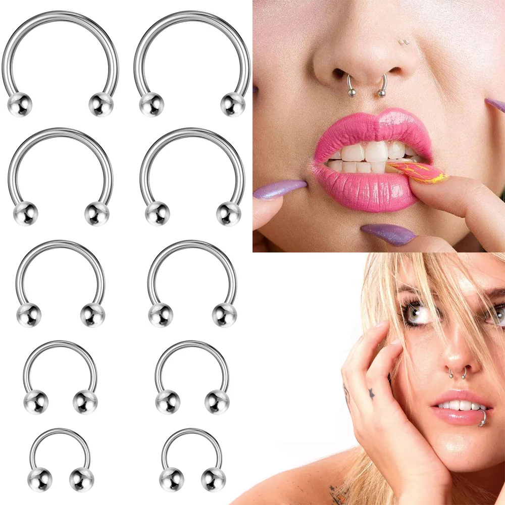 10Pcs/Set Surgical Stainless Steel Circular Barbells Horseshoe 16G 4mm Ball Lip Ring Nose Septum Rings Body Piercing Jewelry