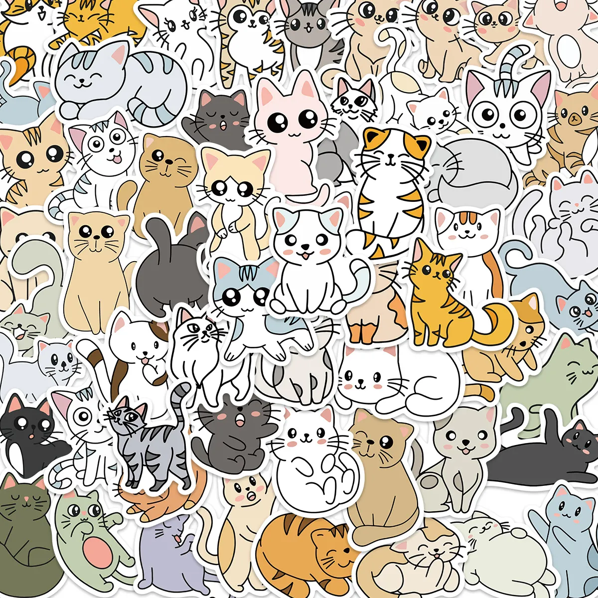 Lot de 60pcs gros dessin animé chat mignon autocollants autocollant étanche pour bagages ordinateur portable planche à roulettes cahier bouteille d'eau voiture décalcomanies enfants cadeaux jouets