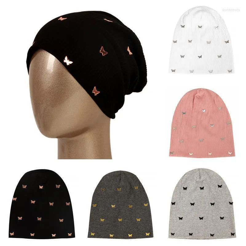 Beanies Beanie/Totenkopfkappen Damen Weiche Einfarbige Schmetterlingsaccessoires Dame Elastizität Rippen Eimer Hut Mode Skullies Cap Bonnet Davi22