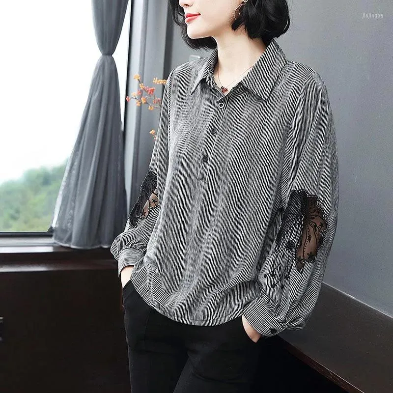 Women's Blouses M-6XL Spring Stripe Openwork Embroidery Women Blouse Long-Sleeved Summer Fashion Women's Loose Shirt Casual Large Size