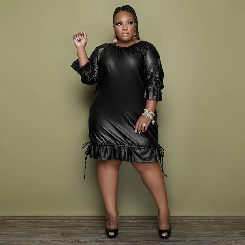 Plus Size PU Leather Dress with Butterfly Sleeves Knee-Length Trumpet  Silhouette Black for Women Ages 18-35 from Dhgate Plus size Dresses - price  61.19