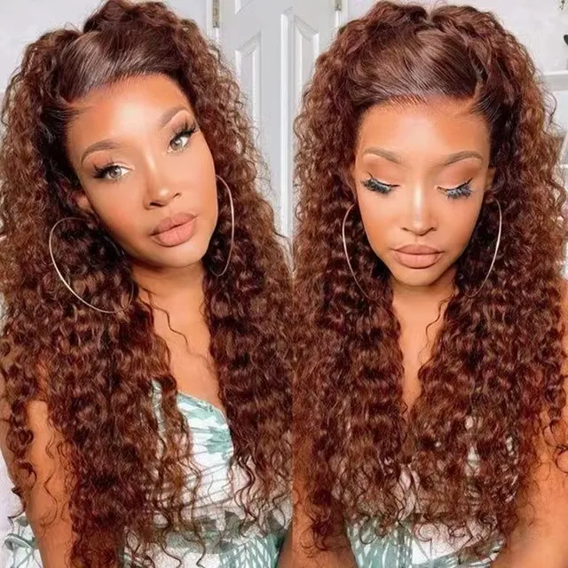 Brun rougeâtre foncé tonnelier Deep Curly Lace Front Wig Copper Red HD 360 Full Lace Frontal Perruques de cheveux humains Couleur d'automne Deep Wave Lace Wigs