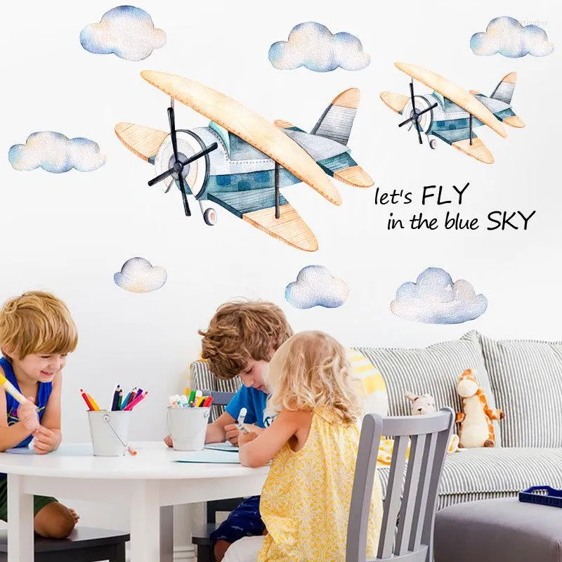 Stickers Muraux Dessin Animé Nuage Avion Autocollant Let's In The Blue Sky Art Mural Maternelle Cage D'escalier Auto-adhésif DIY Décor À La Maison