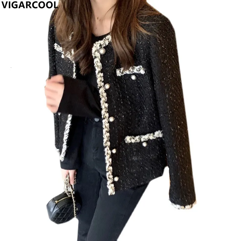 여성 재킷 프랑스 여성 스타일 블랙 재킷 여자 한국 버전 짧은 상단 밝은 반짝임 패션 간단한 캐주얼 여성 재킷 230216