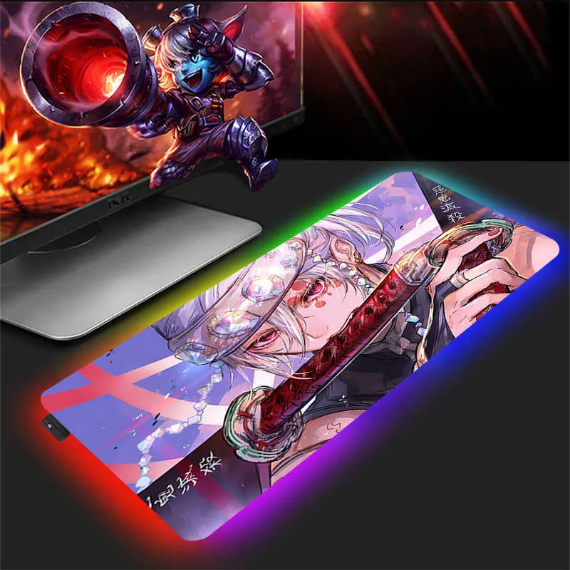 Mouse Pads Wrist Rests Mouse Pad Large Demon Slayer Rubber Keyboard Desk RGB Anime Backlit Gamer Girl Mousepad Xxl Cabinet Gaming Mat Mats Mause Kawaii T230215