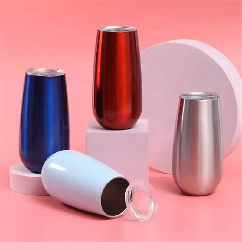 Wholesale 6oz Egg Shape Wine Tumbler Mug Double Wall Stainless Steel Beer Cup Champagne Flutes with Lids For Home Supplies